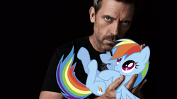 Size: 1920x1080 | Tagged: safe, artist:lagmanor, rainbow dash, human, pegasus, pony, g4, black background, clothes, confused, female, gregory house, holding a pony, house m.d., hugh laurie, looking at you, looking up, male, mare, meme, simple background