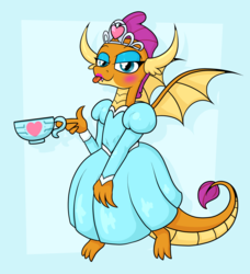 Size: 2489x2733 | Tagged: safe, artist:moonatik, smolder, dragon, g4, abstract background, clothes, cup, cute, cute little fangs, dragoness, dress, eyeshadow, fangs, female, girly, heart, high res, horns, jewelry, lipstick, makeup, princess smolder, puffy sleeves, scales, smolderbetes, solo, tail, teacup, tiara, tongue out, wings