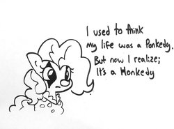 Size: 1636x1209 | Tagged: safe, artist:tjpones, pinkie pie, earth pony, pony, g4, clown, crossover, cute, diapinkes, female, joker (2019), mare, monochrome, ponk, simple background, sketch, solo, white background