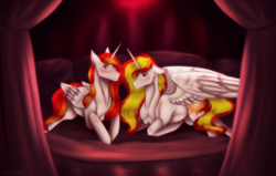 Size: 2319x1473 | Tagged: safe, artist:artannie, artist:artannie01, daybreaker, oc, oc:king phoenix, alicorn, pony, g4, bed, blushing, cushion, duo, floppy ears, looking at something, lying down, lying on bed, on bed, prone, spread wings, wings