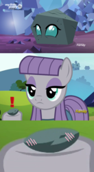 Size: 636x1158 | Tagged: safe, edit, edited screencap, screencap, boulder (g4), maud pie, ocellus, changeling, earth pony, pony, g4, rock solid friendship, season 7, season 9, uprooted, blushing, exclamation point, metal gear solid, rockellus, shipping domino