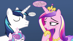 Size: 1280x720 | Tagged: safe, edit, edited screencap, editor:korora, screencap, princess cadance, princess flurry heart, shining armor, alicorn, pony, unicorn, g4, my little pony best gift ever, blushing, crown, dialogue, female, husband and wife, imminent sex, implied good clean married sex, implied sex, jewelry, male, mare, peytral, princess cadance is always horny, regalia, ship:shiningcadance, shipping, speech bubble, stallion, straight