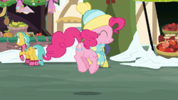 Size: 480x270 | Tagged: safe, edit, edited screencap, screencap, berry punch, berryshine, citrine spark, comet tail, fire quacker, pinkie pie, pony, best gift ever, g4, animated, bonnet, cap, clothes, cute, diapinkes, eyes closed, friendship student, gif, happy, hat, jumping, male, market, perfect loop, ponk, pronking, scarf, stallion, striped scarf, winter, winter outfit