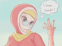 Size: 950x700 | Tagged: safe, artist:tehwatever, desert flower, human, g4, bust, clothes, glasses, hand, hijab, humanized, scarf, simple background, sky, solo, somnambula resident