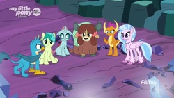 Size: 1920x1080 | Tagged: safe, screencap, gallus, ocellus, sandbar, silverstream, smolder, yona, changedling, changeling, classical hippogriff, dragon, earth pony, griffon, hippogriff, pony, yak, g4, uprooted, bow, cloven hooves, colored hooves, dragoness, female, hair bow, jewelry, male, monkey swings, necklace, student six, teenager