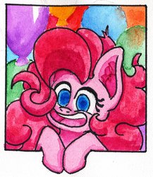 Size: 1667x1920 | Tagged: safe, artist:ploskostnost, pinkie pie, earth pony, pony, g4, balloon, bust, colored pupils, ear fluff, female, looking at you, portrait, smiling, solo, traditional art, watercolor painting