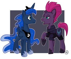 Size: 1280x1063 | Tagged: safe, artist:redpalette, princess luna, tempest shadow, alicorn, pony, unicorn, g4, armor, broken horn, duo, female, folded wings, horn, looking at each other, mare, raised hoof, wings