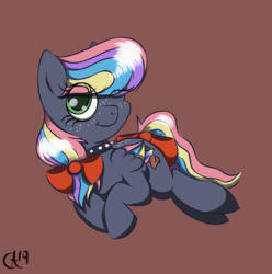 Size: 1907x1921 | Tagged: safe, artist:luxsimx, oc, oc only, oc:seasons, oc:seasons springs, pony, bow, choker, collar, colored wings, freckles, lying down, one eye closed, one eyed, pegasus oc, rainbow hair, solo, spiked collar, wink