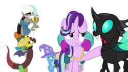 Size: 1280x720 | Tagged: safe, discord, starlight glimmer, thorax, trixie, changeling, draconequus, pony, unicorn, g4, to where and back again, background removed, backpack, clothes, female, male, mare, open mouth, reformed four, scarf, simple background, transparent background
