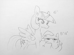 Size: 1920x1440 | Tagged: safe, artist:tjpones, big macintosh, twilight sparkle, alicorn, earth pony, pony, g4, 5'11" vs 6'0", chest fluff, duo, ear fluff, female, grayscale, hay, hay stalk, head pat, lineart, male, mare, monochrome, pat, simple background, size difference, stallion, straw in mouth, traditional art, twilight sparkle (alicorn)
