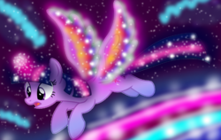 Size: 1500x950 | Tagged: safe, artist:ghostfacenikol, twilight sparkle, alicorn, pony, g4, colored wings, female, flying, looking down, magic, mare, multicolored wings, rainbow wings, solo, sparkles, twilight sparkle (alicorn), vector