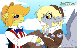Size: 1920x1200 | Tagged: safe, artist:brainiac, derpy hooves, oc, oc:haymaker, earth pony, pegasus, pony, g4, brony music, clothes, fanart, female, mail it in, male, mare, shipping, song art, stallion, text, uniform, wasteland wailers