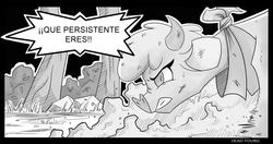 Size: 1866x985 | Tagged: safe, artist:deadyoung45, arizona (tfh), cow, them's fightin' herds, angry, bandana, bush, community related, dialogue, exclamation point, female, grass, monochrome, rock, scratches, solo, spanish, speech bubble, sweat, tree