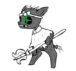Size: 640x600 | Tagged: safe, artist:ficficponyfic, pony, undead, zebra, zombie, colt quest, clothes, corpse, cyoa, eye glow, guard, jewelry, missing teeth, monochrome, solo, spear, story included, temple guardian, tiara, weapon