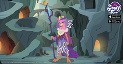 Size: 1200x630 | Tagged: safe, gameloft, idw, princess eris, draconequus, sarimanok, g4, nightmare knights, official, spoiler:comic, cave, female, idw showified, majestic, my little pony logo, solo, staff, staff of sacanas
