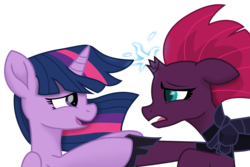 Size: 8428x5633 | Tagged: safe, artist:ejlightning007arts, tempest shadow, twilight sparkle, alicorn, pony, g4, my little pony: the movie, broken horn, cute, emotions, female, holding hooves, horn, lesbian, looking at each other, ship:tempestlight, shipping, simple background, transparent background, twilight sparkle (alicorn), vector