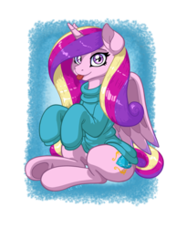 Size: 2550x3300 | Tagged: safe, artist:latecustomer, part of a set, princess cadance, alicorn, pony, g4, :p, clothes, cute, cutedance, female, high res, mare, missing accessory, oversized clothes, silly, sitting, smiling, solo, sweater, tongue out