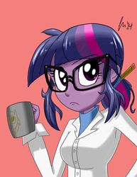 Size: 1020x1320 | Tagged: safe, artist:kingjnar, sci-twi, twilight sparkle, equestria girls, g4, my little pony equestria girls: rainbow rocks, clothes, coffee, cup, drink, female, frown, glasses, hair bun, holding, lab coat, looking at you, pencil, pink background, ponytail, red background, science, scientist, signature, simple background, solo