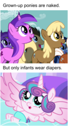 Size: 482x883 | Tagged: safe, screencap, bottlecap (g4), doctor whooves, mjölna, princess flurry heart, rhinestone, silver spanner, time turner, earth pony, pony, g4, the crystalling, the super speedy cider squeezy 6000, baby, bad logic, cartoon logic, critical research failure, diaper, female, filly, illogical, logic, mare, meme, we don't normally wear clothes