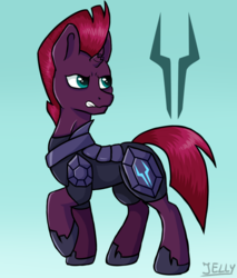 Size: 1700x2000 | Tagged: safe, artist:jellysketch, tempest shadow, pony, g4, angry, armor, broken horn, female, horn, simple background, solo