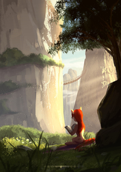 Size: 2480x3508 | Tagged: safe, artist:aidelank, oc, oc only, earth pony, pony, book, female, grass, high res, reading, scenery, scenery porn, solo, tree