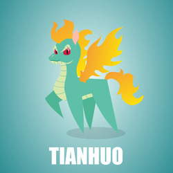 Size: 1280x1280 | Tagged: safe, artist:aha-mccoy, tianhuo (tfh), longma, them's fightin' herds, community related, female, fiery wings, fire, fire hair, looking at you, pointy ponies, simple background, solo, tail of fire, teal background