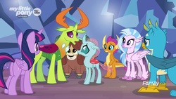 Size: 1920x1080 | Tagged: safe, screencap, gallus, ocellus, silverstream, smolder, thorax, twilight sparkle, yona, alicorn, changedling, changeling, classical hippogriff, dragon, griffon, hippogriff, pony, yak, g4, uprooted, butt, changeling king, cloven hooves, crystal, discovery family logo, dragoness, female, king thorax, male, mare, plot, twilight sparkle (alicorn)