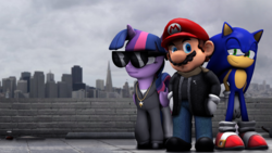 Size: 1920x1080 | Tagged: safe, artist:mariot209, twilight sparkle, alicorn, pony, g4, 3d, city, clothes, coat, crossover, hoodie, male, mario, photoshop, sonic the hedgehog, sonic the hedgehog (series), source filmmaker, sunglasses, super mario bros., twilight sparkle (alicorn)