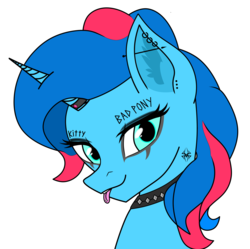 Size: 3288x3272 | Tagged: safe, alternate version, artist:keshakadens, oc, oc only, oc:paradise sparkle, pony, unicorn, body writing, bust, choker, high res, piercing, simple background, solo, tattoo, tongue out, white background