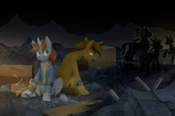 Size: 3866x2568 | Tagged: safe, artist:djkaskan, oc, oc:littlepip, oc:monterey jack, earth pony, pony, unicorn, fallout equestria, bobby pin, chained, clothes, cuffs, fanfic, fanfic art, female, glowing horn, high res, hooves, horn, jumpsuit, levitation, lockpicking, magic, male, mare, night, pipbuck, plank, screwdriver, shackles, sitting, slaver, slavery, stallion, standing, telekinesis, vault suit