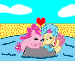 Size: 1300x1058 | Tagged: safe, artist:bigpurplemuppet99, pinkie pie, princess skystar, seapony (g4), g4, eyes closed, female, floating heart, heart, lesbian, nuzzling, seaponified, seapony pinkie pie, ship:skypie, shipping, species swap