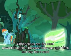 Size: 916x720 | Tagged: safe, edit, edited screencap, screencap, queen chrysalis, rainbow dash, changeling, changeling queen, g4, the cutie re-mark, alternate timeline, caption, chrysalis resistance timeline, disguise, disguised changeling, female, meme, n word, ponified animal photo, ponified meme, racism, the n word