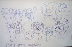 Size: 4548x2992 | Tagged: safe, artist:徐詩珮, fizzlepop berrytwist, spring rain, tempest shadow, oc, oc:betty pop, oc:spring grezt, oc:storm lightning, pony, unicorn, g4, my little pony: the movie, broken horn, family, female, filly, half-siblings, half-sisters, horn, lesbian, lineart, magic, magical lesbian spawn, mare, mother and daughter, next generation, offspring, onomatopoeia, parent:glitter drops, parent:spring rain, parent:tempest shadow, parents:glittershadow, parents:springshadow, ship:springshadow, shipping, siblings, sisters, sleeping, sound effects, traditional art, zzz