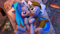 Size: 5760x3240 | Tagged: safe, artist:drdicksamazingstick, oc, oc only, oc:homage, oc:littlepip, pony, unicorn, fallout equestria, 3d, fanfic, fanfic art, female, grin, hooves, horn, lesbian, licking, lying down, mare, neck licking, not porn, oc x oc, on back, one eye closed, pillow, pipmage, shipping, smiling, source filmmaker, tongue out, vulgar description