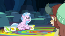 Size: 1920x1080 | Tagged: safe, screencap, silverstream, yona, classical hippogriff, hippogriff, yak, g4, uprooted, bow, cloven hooves, colored hooves, female, hair bow, hoof hold, jewelry, monkey swings, necklace