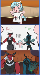 Size: 800x1500 | Tagged: safe, artist:mew-me, cozy glow, lord tirek, queen chrysalis, centaur, changeling, changeling queen, pegasus, pony, g4, the beginning of the end, awkward, awkward moment, beady eyes, comic, cozybetes, cute, daddy tirek, drawing, eyes closed, facepalm, family, female, filly, holding hands, legion of doom, male, mommy chrissy, queen chrysalis is not amused, sad, ship:chrysirek, shipper on deck, shipping, straight, tirek is not amused, unamused