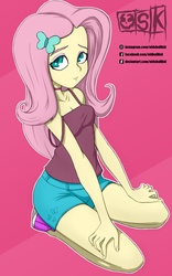 Size: 1005x1614 | Tagged: safe, artist:oldskullkid, fluttershy, equestria girls, g4, choker, clothes, colored pupils, cute, female, kneeling, looking at you, pink background, shyabetes, signature, simple background, smiling, solo, spaghetti strap, strap slip, tank top