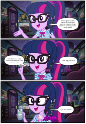 Size: 606x877 | Tagged: safe, edit, editor:biggernate91, sci-twi, spike, spike the regular dog, timber spruce, twilight sparkle, dog, comic:midnight sparkle takeover, equestria girls, g4, my little pony equestria girls: better together, comic, geode of telekinesis, glowing, jacksepticeye, magical geodes, parody, phone, sci-twi's room