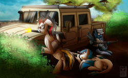 Size: 2800x1700 | Tagged: safe, artist:elmutanto, oc, oc only, oc:heinrich hirsch, oc:kami, oc:star shooter, pegasus, pony, bush, cap, clothes, dirt, general motors, gun, hat, humvee, military, one eye closed, rifle, scenery, sniper rifle, tongue out, tree, vehicle, weapon