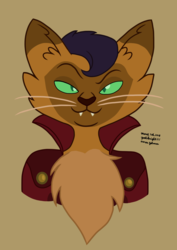 Size: 1240x1753 | Tagged: safe, artist:yoshiknight2, capper dapperpaws, abyssinian, anthro, g4, my little pony: the movie, brown background, bust, chest fluff, fangs, looking at you, male, sexy, simple background, solo, stupid sexy capper