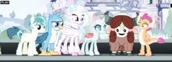 Size: 2733x1000 | Tagged: safe, derpibooru exclusive, edit, edited screencap, screencap, gallus, ocellus, sandbar, silverstream, smolder, yona, changedling, changeling, classical hippogriff, dragon, earth pony, griffon, hippogriff, pony, yak, g4, uprooted, aesthetics, bow, cloven hooves, colored hooves, dragoness, female, hair bow, jewelry, male, monkey swings, necklace, teenager, vaporwave, vhs