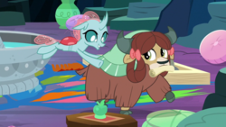 Size: 1920x1080 | Tagged: safe, screencap, ocellus, yona, changedling, changeling, yak, g4, uprooted, bow, changeling wings, cloven hooves, female, hair bow, monkey swings, motion lines, mouth hold, pillow, transparent wings, wings