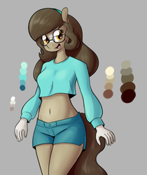 Size: 1317x1566 | Tagged: safe, artist:whatsapokemon, oc, oc only, oc:wishful thought, earth pony, anthro, anthro oc, belly button, clothes, female, glasses, long sleeves, mare, meganekko, midriff, short shirt, solo