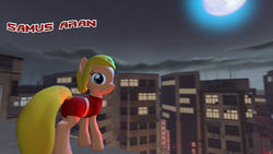 Size: 1920x1080 | Tagged: safe, artist:beardeddoomguy, pony, .zip file at source, 3d, 3d model, city, downloadable, metroid, moon, ponified, rooftop, samus aran, solo, source filmmaker, source filmmaker resource