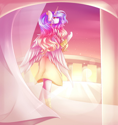 Size: 2000x2132 | Tagged: safe, artist:y0-ki, princess celestia, anthro, semi-anthro, unguligrade anthro, g4, arm hooves, balcony, clothes, curtains, dress, female, high res, horn, horn jewelry, jewelry, looking at you, looking back, looking back at you, solo, sunrise