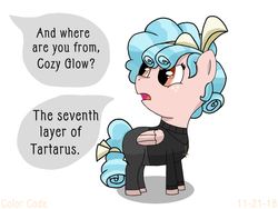 Size: 2048x1536 | Tagged: safe, artist:colorcodetheartist, cozy glow, pony, g4, cozy glow is not amused, damien thorn, dialogue, female, filly, foal, freckles, solo, south park, speech bubble