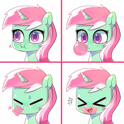 Size: 1000x1000 | Tagged: dead source, safe, artist:9seconds, minty bubblegum, pony, unicorn, g4, ><, background pony, bubblegum, bust, chewing, cute, eating, eyes closed, female, food, gum, mare, open mouth, portrait