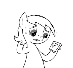 Size: 640x600 | Tagged: safe, artist:ficficponyfic, oc, oc only, oc:larimar, earth pony, pony, colt quest, child, colt, foal, lip bite, male, monochrome, puzzle, puzzle piece, solo, story included, sweat, uncertain