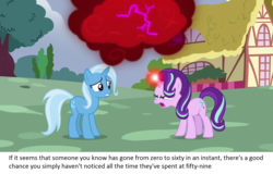 Size: 1273x815 | Tagged: safe, artist:equestria-forever, edit, edited screencap, screencap, starlight glimmer, trixie, pony, unicorn, all bottled up, g4, anger magic, duo, female, glowing horn, horn, magic, mare, text