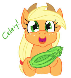 Size: 685x746 | Tagged: safe, artist:jargon scott, applejack, earth pony, pony, g4, celery, cute, female, herbivore, jackabetes, looking at you, mare, one word, open mouth, simple background, solo, vegetables, white background